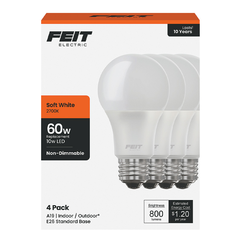 FEIT A19 E26 (Medium) LED Bulb Soft White 60W Equivalence, 4 Pk.