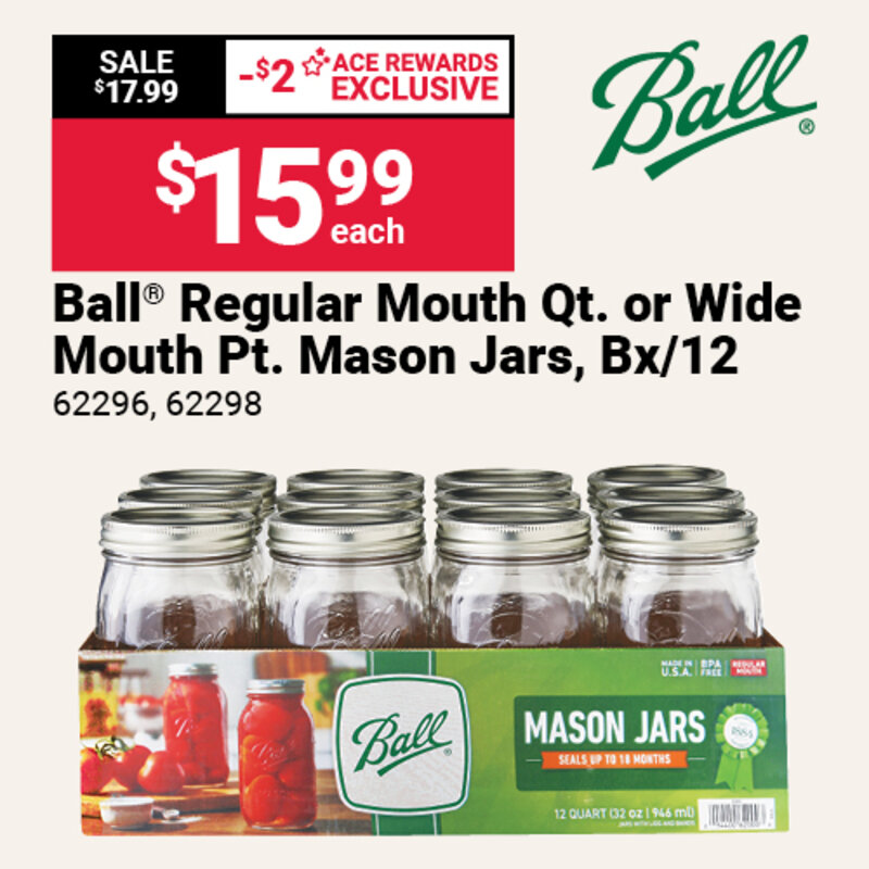 Ball® Quart Regular Mouth or Pint Wide Mouth Mason Jars & Lids, Bx/12